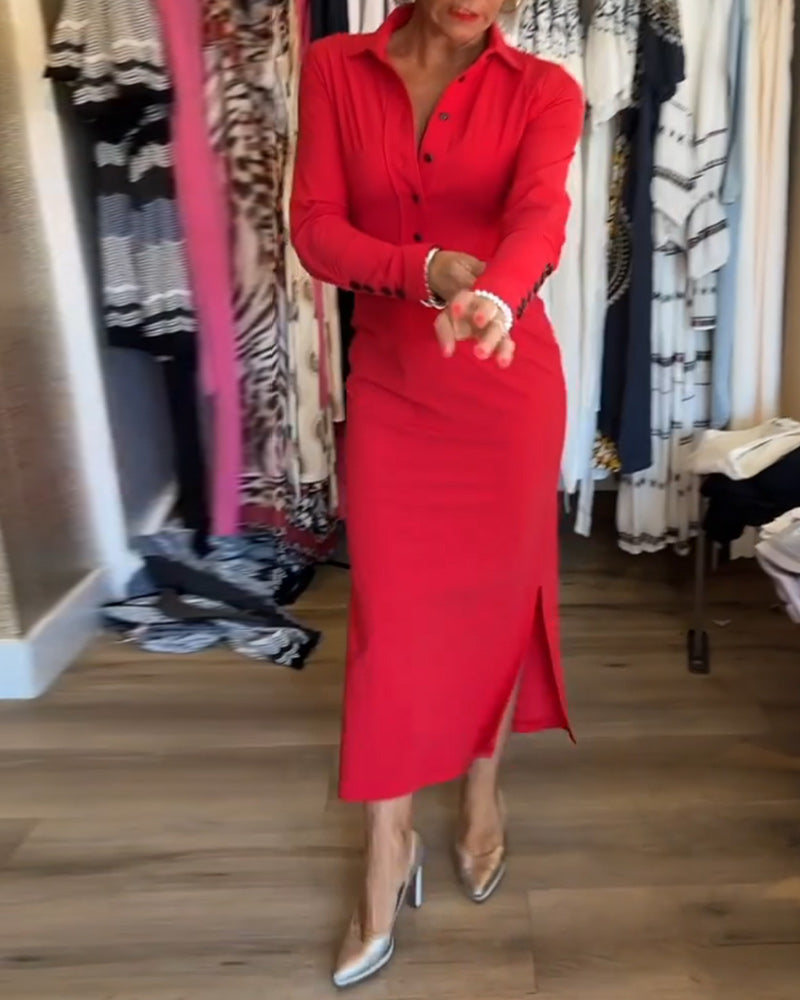 Vienspalvė elegantiška suknelė su skeltuku