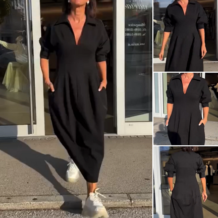 Patogi suknelė su kišenėmis ir V formos iškirpte