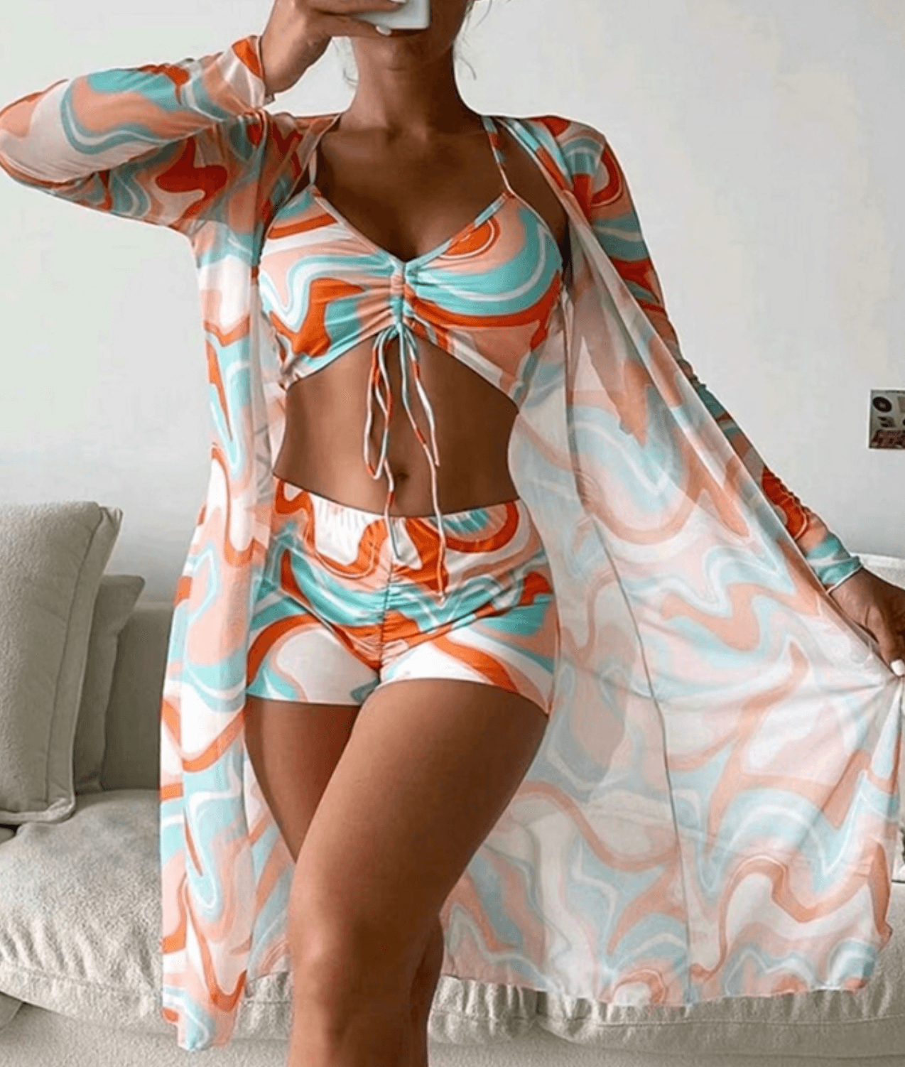 Unikalus trijų dalių bikini rinkinys
